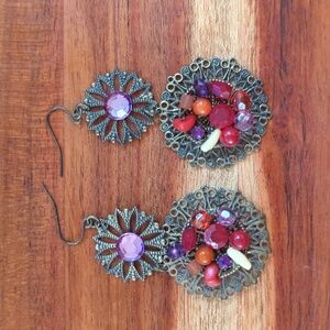 💜 Multicolor Antique Brass Filigree Earrings